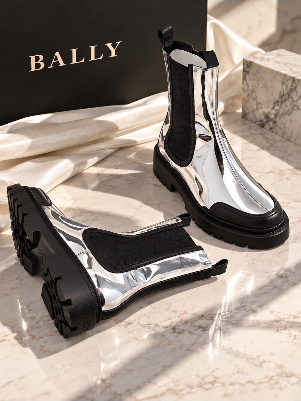 Bally Ginny Metallic Silver Chunky Chelsea Lug Boots Size 8 EU 38.5